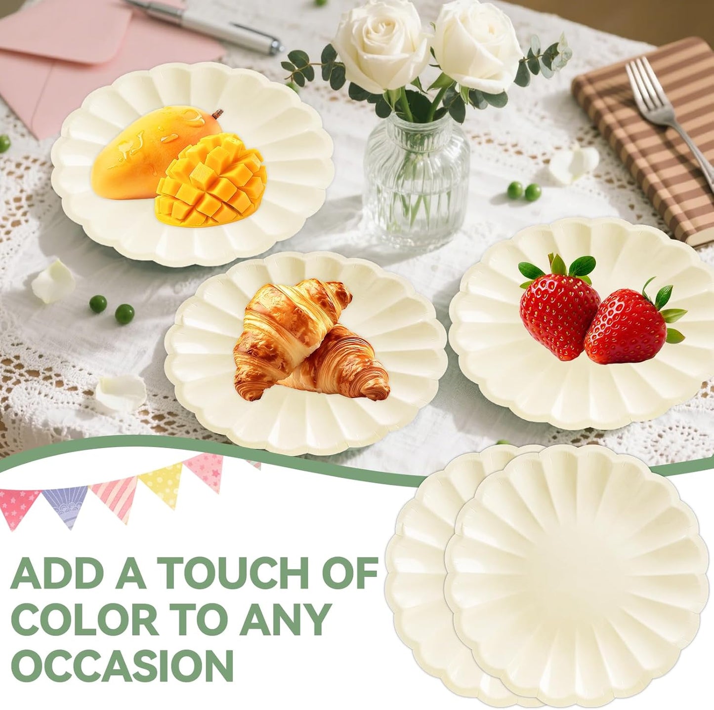 50Pcs Large Scalloped Cream Paper Plates 7Inch Shell Edge Dessert Plates for Cake Salad Fruit Disposable Dessert Serving Plates for Birthday Wedding Baby Shower Party Decorations
