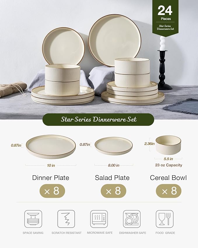 Famiware Star Dinnerware Set, Plates and Bowls Sets for 8 (24pcs), Ribbed Stoneware Dishes - Chip & Scratch Resistant, Microwave & Dishwasher Safe, Cream