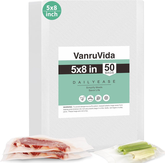 VanruVida Small Pint Size Vacuum Sealer Bags, 50 Count 5” x 8”,BPA Free,Commercial Grade Textured PreCut Bag with Double Tear Notches, Perfect for Food Storage, Freezer, Meal Prep, or Sous Vide
