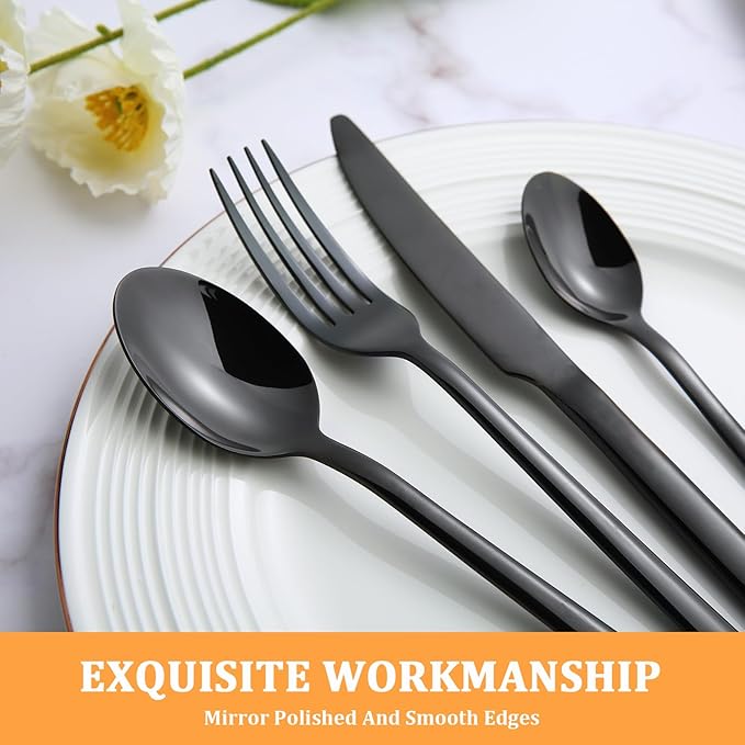 KOOMADE-Elysian -24 Piece Set Black Stainless Steel Home Kitchen Flatware Include Forks Spoons Knives Great for Family Gatherings & Daily Use