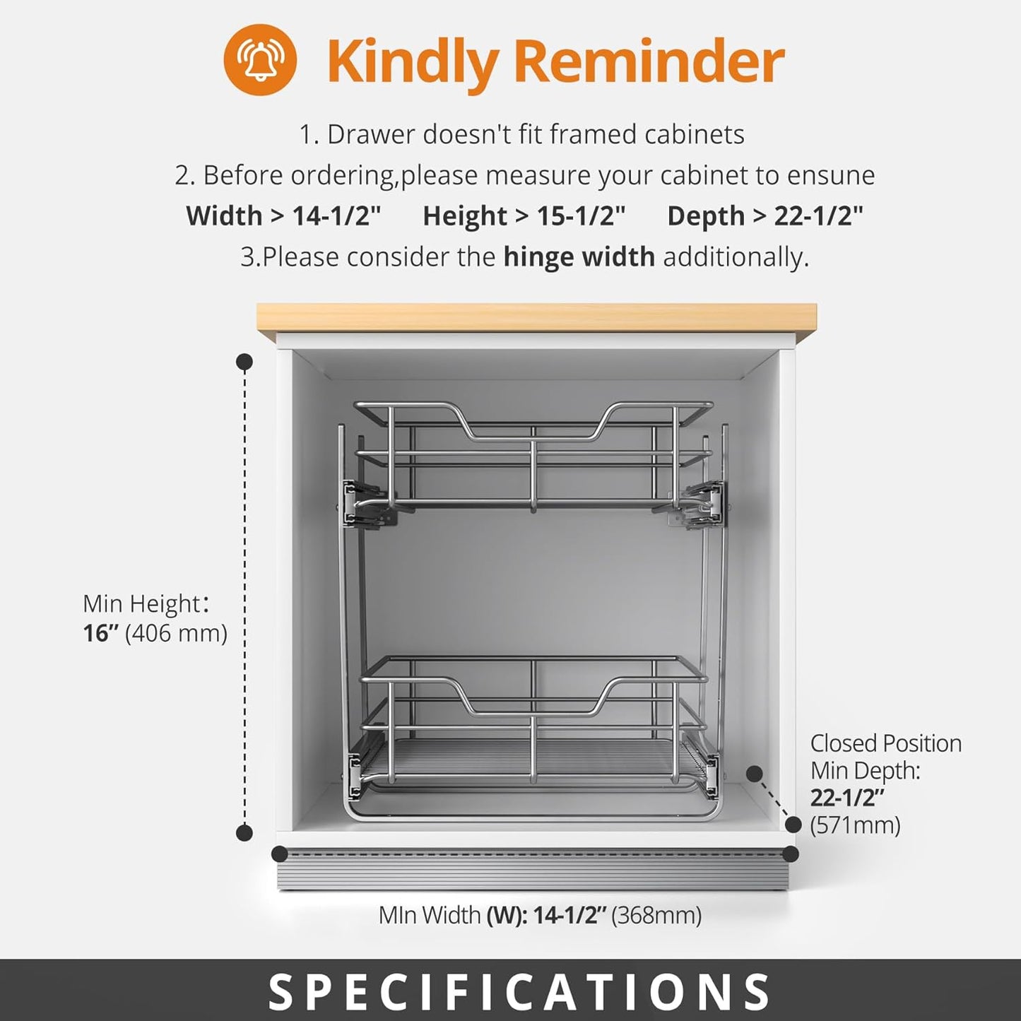 ZOINLIY Pull Out Cabinet Organizer, Versatile Slide Out Kitchen Organizers and Storage,Heavy Duty Drawer Cupboard Storage Basket, Smooth Sliding, Chrome Finish (2-Tiers-14¼''W×22“D)