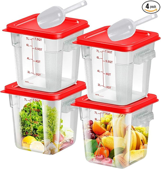 4 pcs 8qt Food Storage Containers with Lid, Square Clear Commercial Food Storage Containers with Handle and Scale for Food Storage in Home Kitchen & Dining (Red)