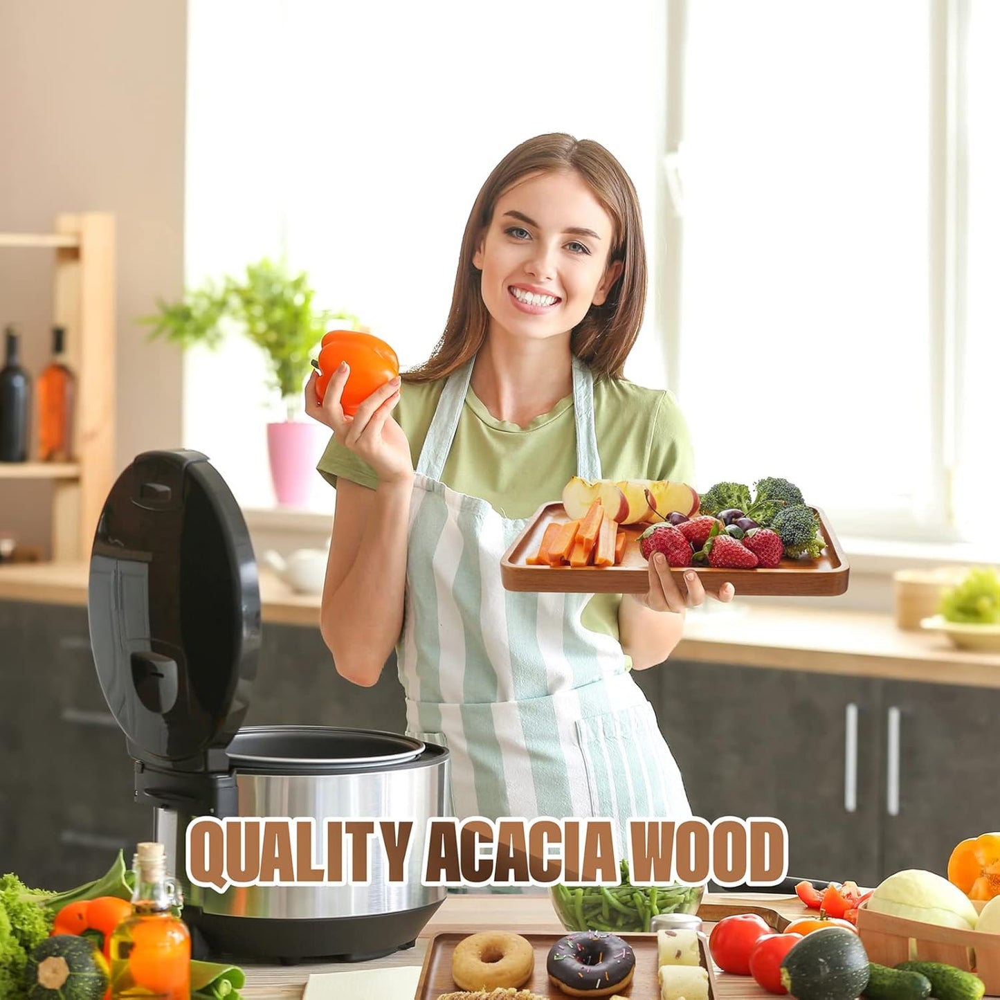 1 pcs 15"x 10" Solid Acacia Wood Serving Tray Rectangular Wooden Serving Platter Natural Wooden Board for Bar Coffee Party