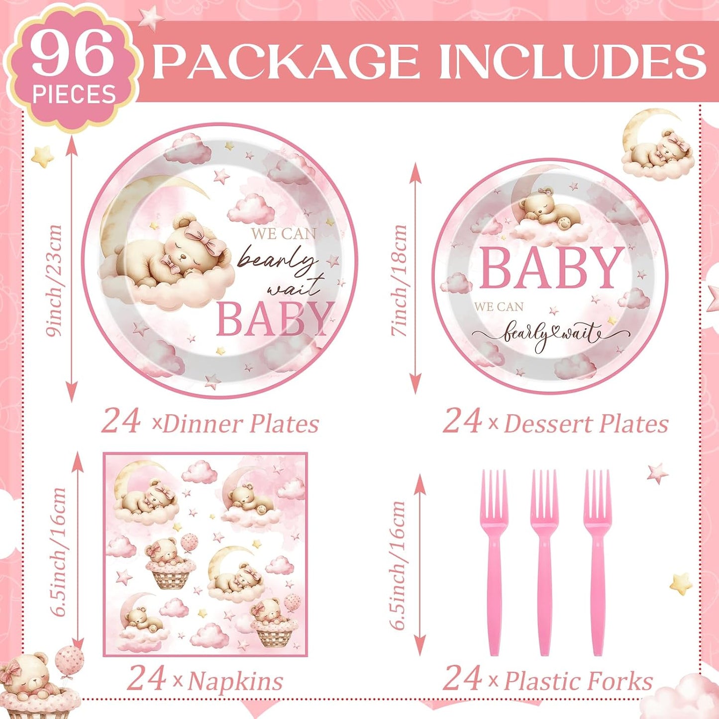 Bear Disposable Party Plates - 96 Pcs Pink We Can Bearly Wait Baby Shower Decorations for Girls Cute Gender Reveal Napkins Forks Tableware Set Supplies Shortcake Dinnerware Serves 24 Guests