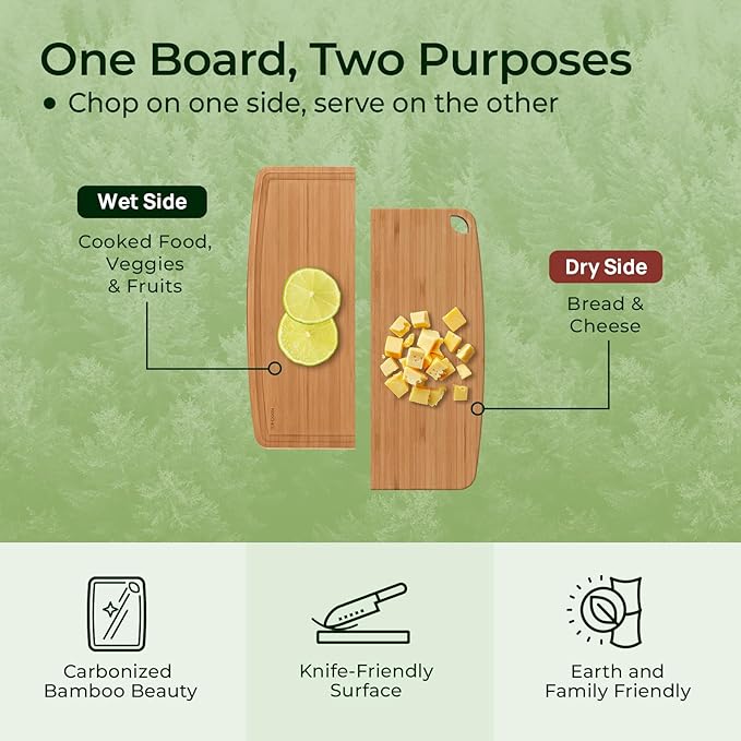 Dishwasher Safe Carbonized Bamboo Wood Cutting Boards for Kitchen with Juice Groove, Wooden Charcuterie & Chopping for Fruit, Vegetables & Cheese, Durable, Lightweight, Water-Resistant