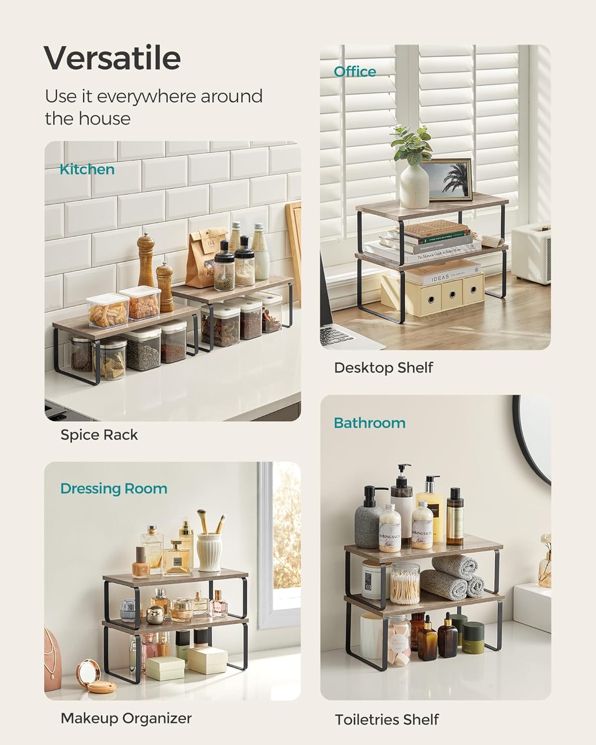 SONGMICS Cabinet Organizer Shelf, Set of 4 Kitchen Counter Shelves, Kitchen Storage, Spice Rack, Stackable, Expandable, Metal and Engineered Wood, Ink Black and Heather Greige UKCS022X02