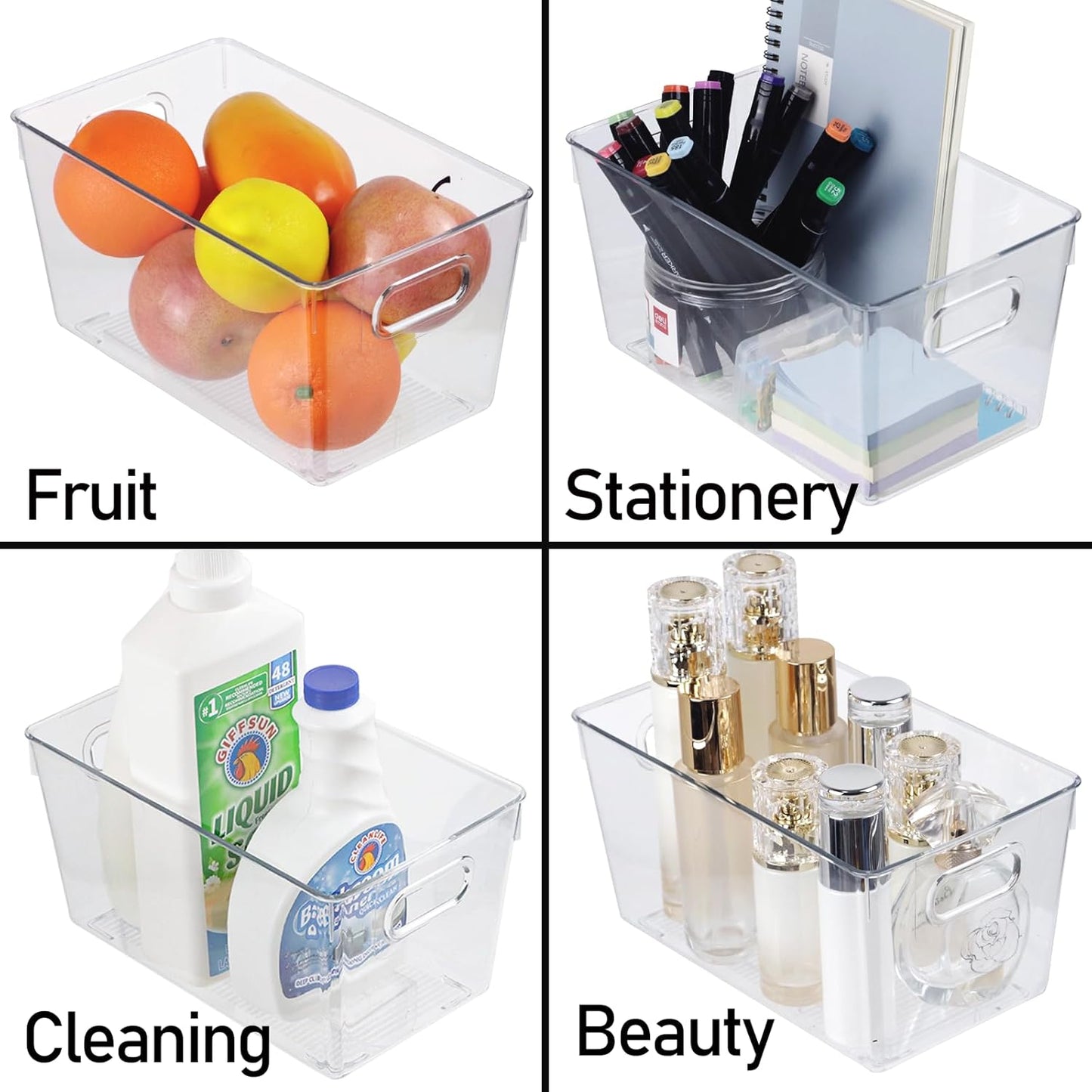 6pcs Plastic Storage Bin 2-Size Clear Storage Containers for Kitchen Pantry Organization and Storage Bins, Organizing Bins with Built in Handles, Cabinet Organizers, Clear