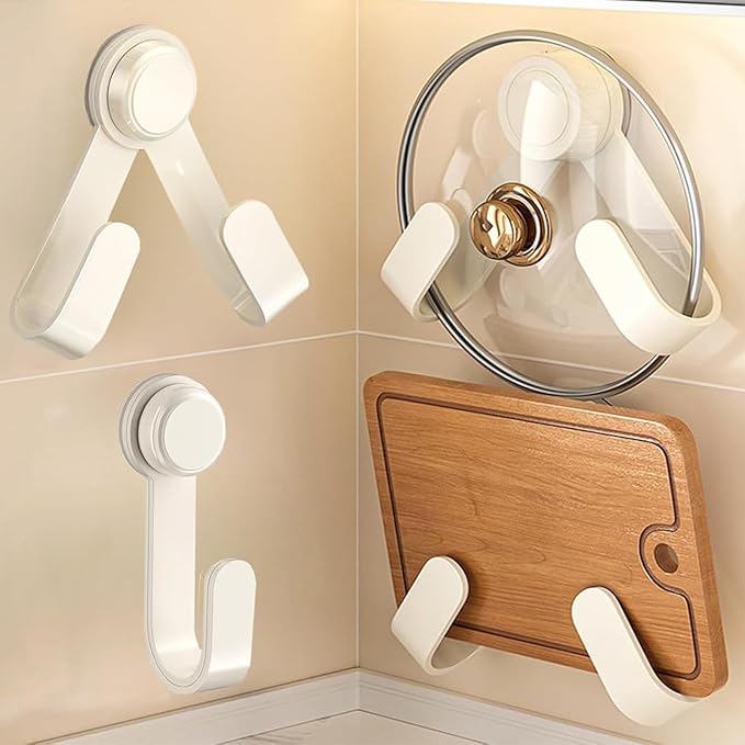 2 Pack Pot Lid Holder - Adjustable Wall-Mounted Pot Lid Organizer for cabinet with Suction Cup, Heavy Duty Multifunctional Hooks for Cutting Board, Pan (White)