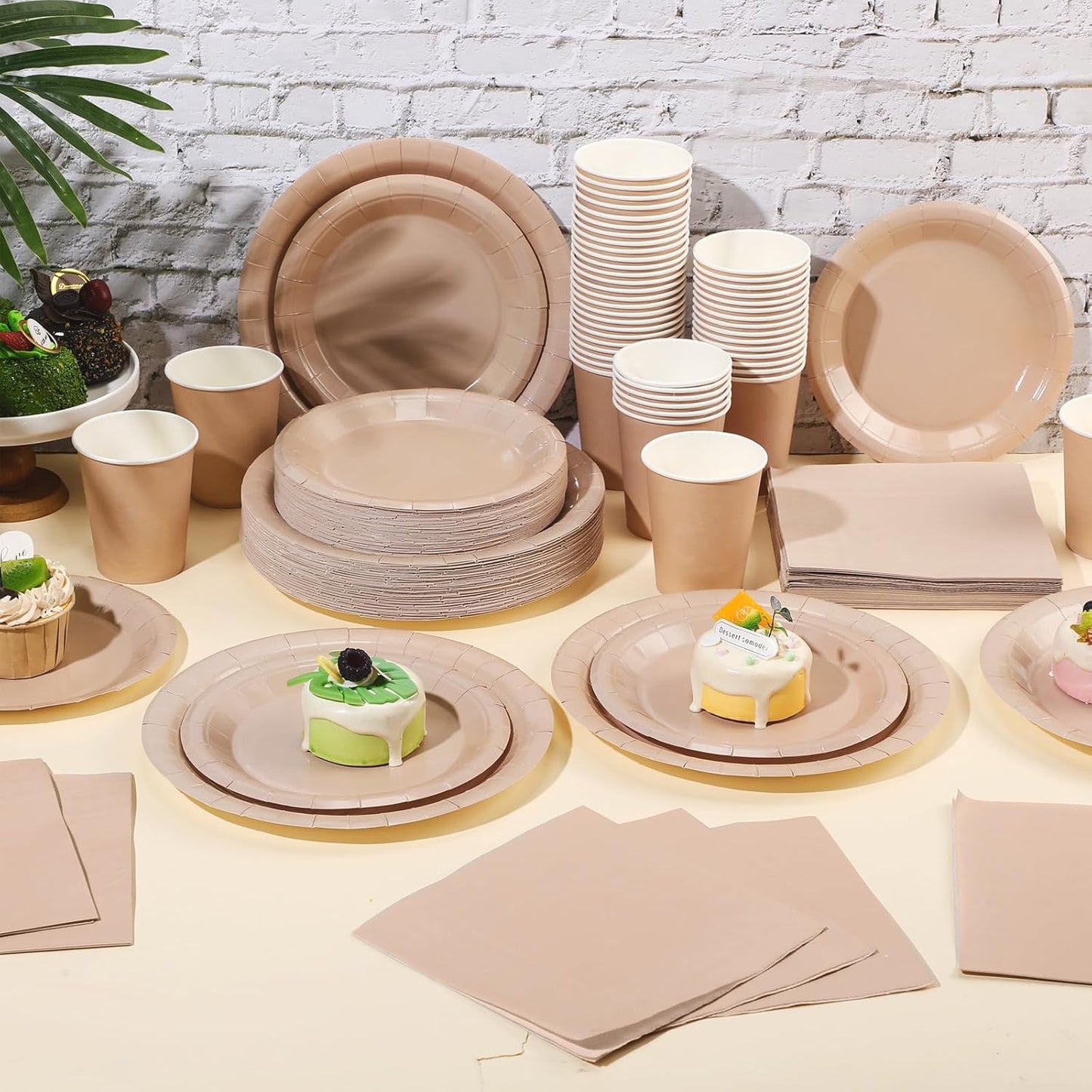 Tioncy 200 Pcs Disposable Paper Plates Cups and Napkins Party Supplies Serve 50 Guests Disposable Paper Dinnerware Set for Halloween Birthday Wedding Baby Shower Family Picnic(Deep Nude)