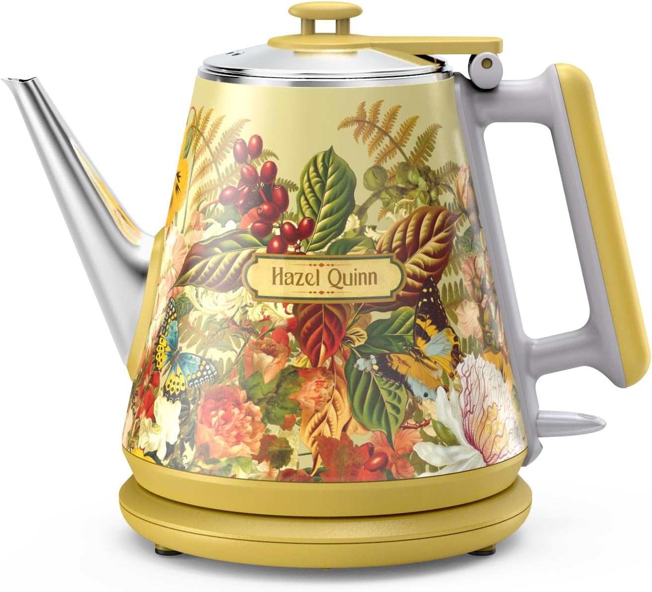 Hazel Quinn Retro X Eduardo Recife Collaboration Electric Kettle- 1 Litres / 34 Ounces Retro Small Tea Kettle, Double Wall, 304 Stainless Steel, 800W Fast Boiling, Cordless, BPA-Free, Auto Shut-Off