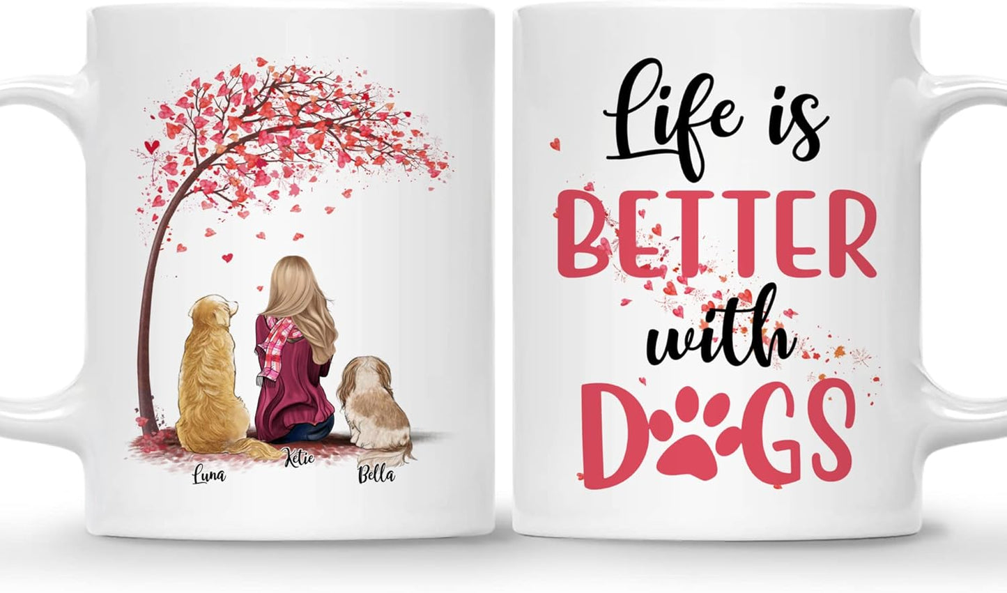 Gossby Personalized Mug - Life is Better With Dogs (Girl - 2 Dogs - Pink Tree) - 11oz, 15oz Custom Coffee Mug for Dog Mom, Lovers - Personalized Gifts for Women (GBMUG146VAR302)