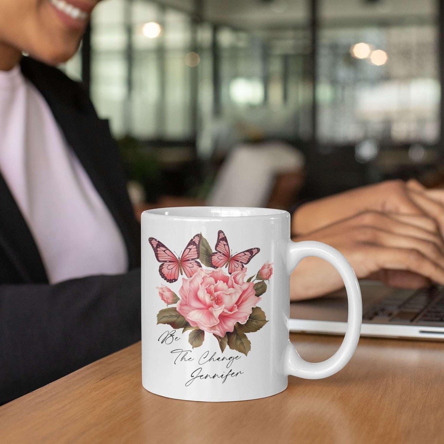 Great Custom Be The Change Tea Cups, Personalized Name On Porcelain Butterfly Travel Mug With Flowers Details, Customized Colorful Butterfly Coffee Cup For Animal Lover On Birthday