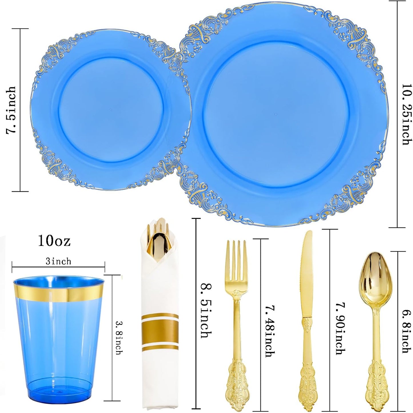 Hioasis 210pcs Blue and Gold Plastic Plates - Elegant Disposable Dinnerware Set Suitable for 30 Guests Include 10.25" Dinner & 7.5" Dessert Plates, Pre Rolled Silverware Set, Cups for Party & Wedding