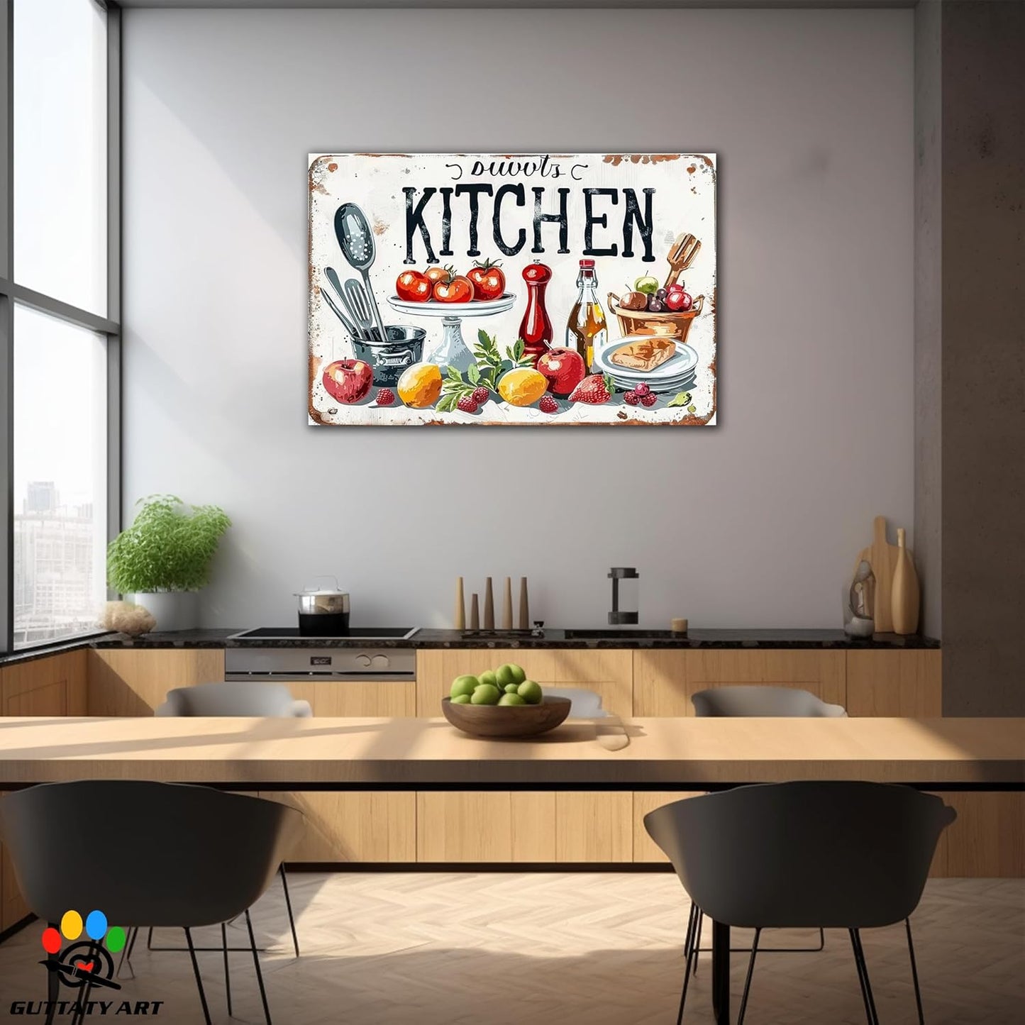 GUTTATY Farmhouse Wall Art Rustic Kitchen Decor, Ready to Hang Kitchen Wall Print Various Fruits and Kitchen Utensil,Vintage Posters Prints for Dinning Room Home Kitchen Restaurant Painting 32×48 Inch