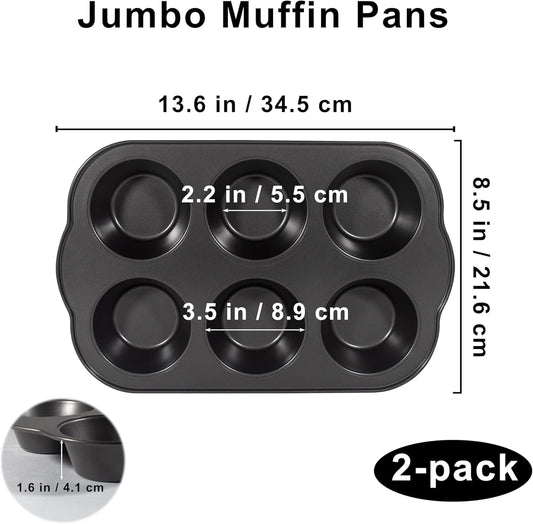 Non-Stick Jumbo Muffin Pans, 3.5" 6-Cup Set of 2 Baking Pans, Heavy Duty Carbon Steel Tins for Extra-large Muffins & Cupcakes