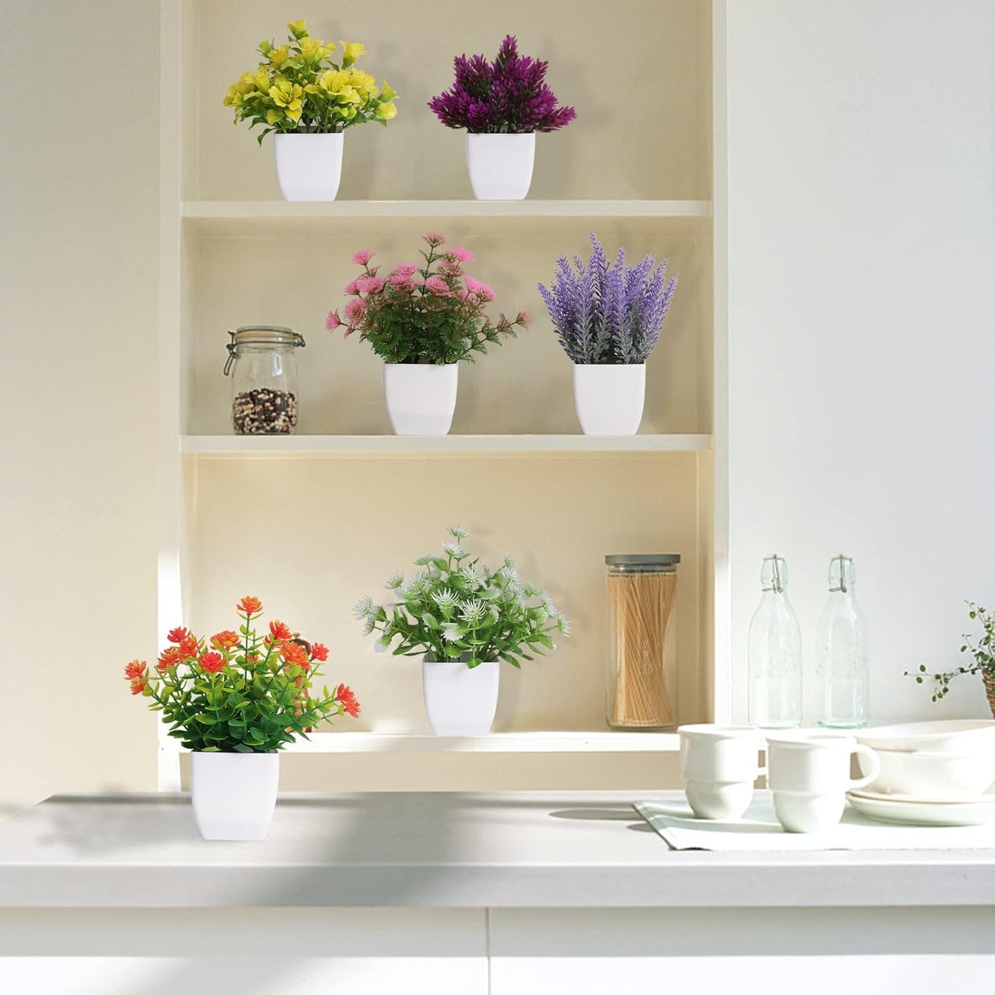 6pcs Artificial Pot Flowers Small Fake Plants with Pot Mini Potted Plants for House Office Tabletop Decoration