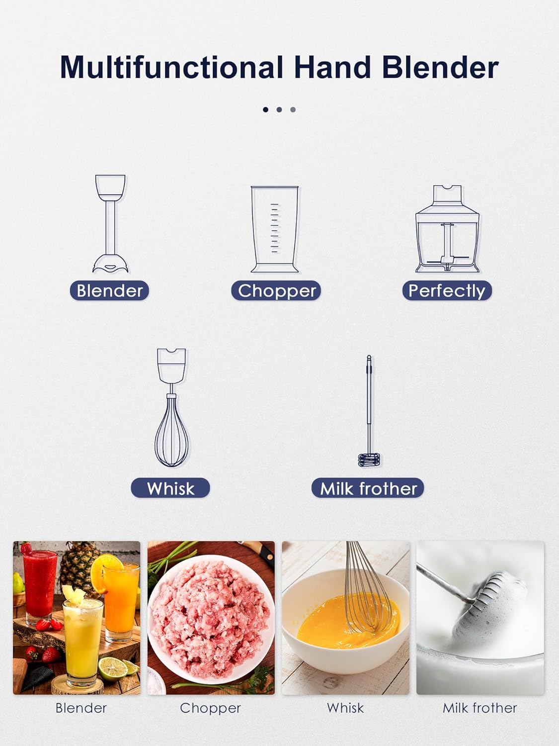 Reemix Immersion Blender, 5 in 1 Hand Blenders, 1000W Copper Motor Handheld Blender with Frother, Whisk, Beaker, Chopper Attachements, Stainless Steel Blades, Black