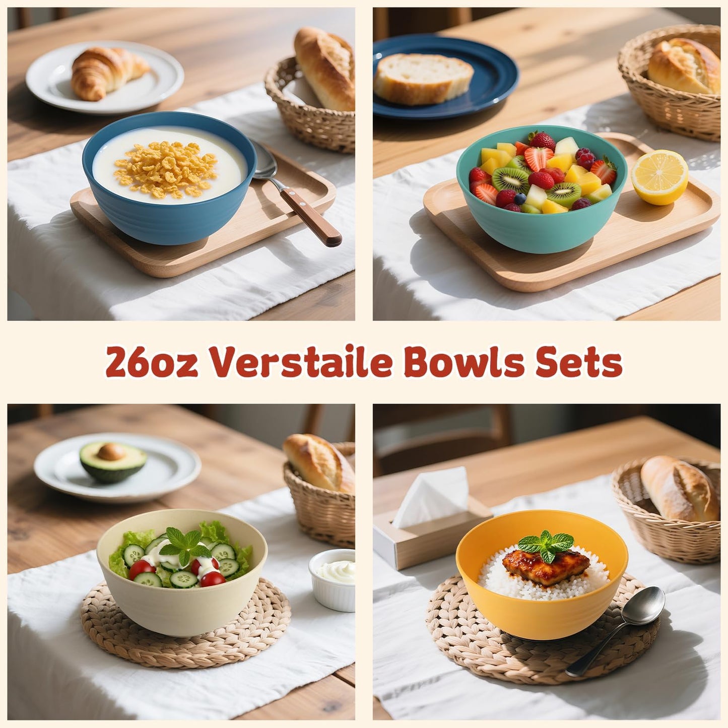 Wrova Wheat Straw Camping Bowls Sets of 6,Unbreakable 26oz Lightweight Bowls Sets for Outdoors Activity,Breakfast Bowls for Cereal and Salad.Vibrant Series