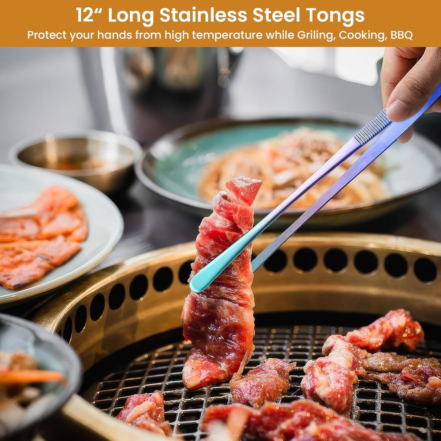 GEEKHOM 4 Pcs Colorful Tweezer Tongs Set, 12" and 10" with Non-Slip Handles, Perfect Kitchen Utensil Set for Family Cooking, Baking & Serving