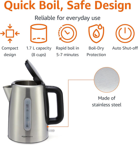 Amazon Basics Electric Stainless Steel Kettle for Tea and Coffee, BPA-Free, Fast Boiling, Auto Shut-Off, 1.8 Quarts, 1500W, Black and Silver