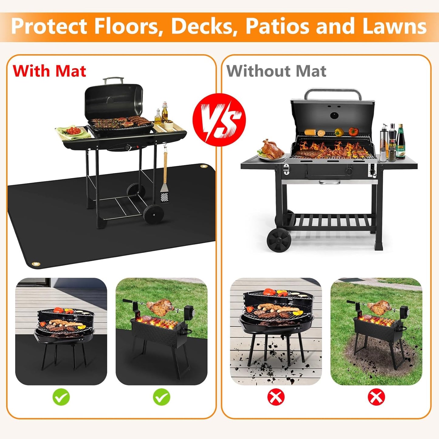 Grill Mats for Outdoor Grill, 70 X 40 Reusable Silicone Under Grill Mat, Heat Resistant BBQ Grilling Mat for Deck Protector Patio Floor Lawn (Windproof)