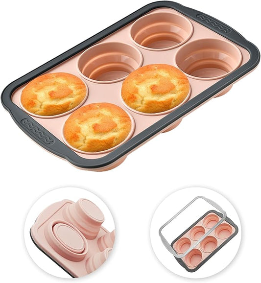 Silicone Muffin Pans for Baking with Metal Frame, 6 Cup Silicone Muffin Pan, Nonstick Cupcake Pan, BPA Free Muffin Tins Easy to Pop Cupcake Baking Pan Molds for Oven Dishwasher Safe Pink