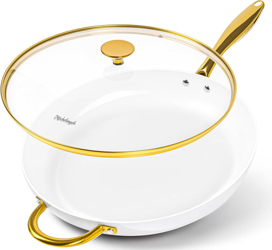 MICHELANGELO Large Frying Pan with Lid, 14 Inch Ceramic Skillet with Non-Toxic Coating, Non Stick Fry Pan with Ergonomic Handle, Induction Compatible