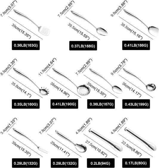 304 Stainless Steel Kitchen Utensil 11 PCS For Cooking, Solid Spoon, Slotted Spoon, Fork, Spatula, Ladle, Skimmer, Slotted Spatula Tunner, Spaghetti and Large Spoon, Tongs