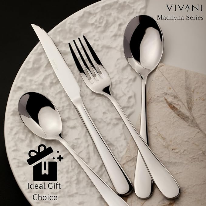 VIVANI 16 Piece Heavy Silverware Set, Forged Flatware Set with Steak Knives, Premium Stainless Steel Cutlery Set for 4, for Kitchen, Home, Wedding, Party, Mirror Polished and Dishwasher Safe