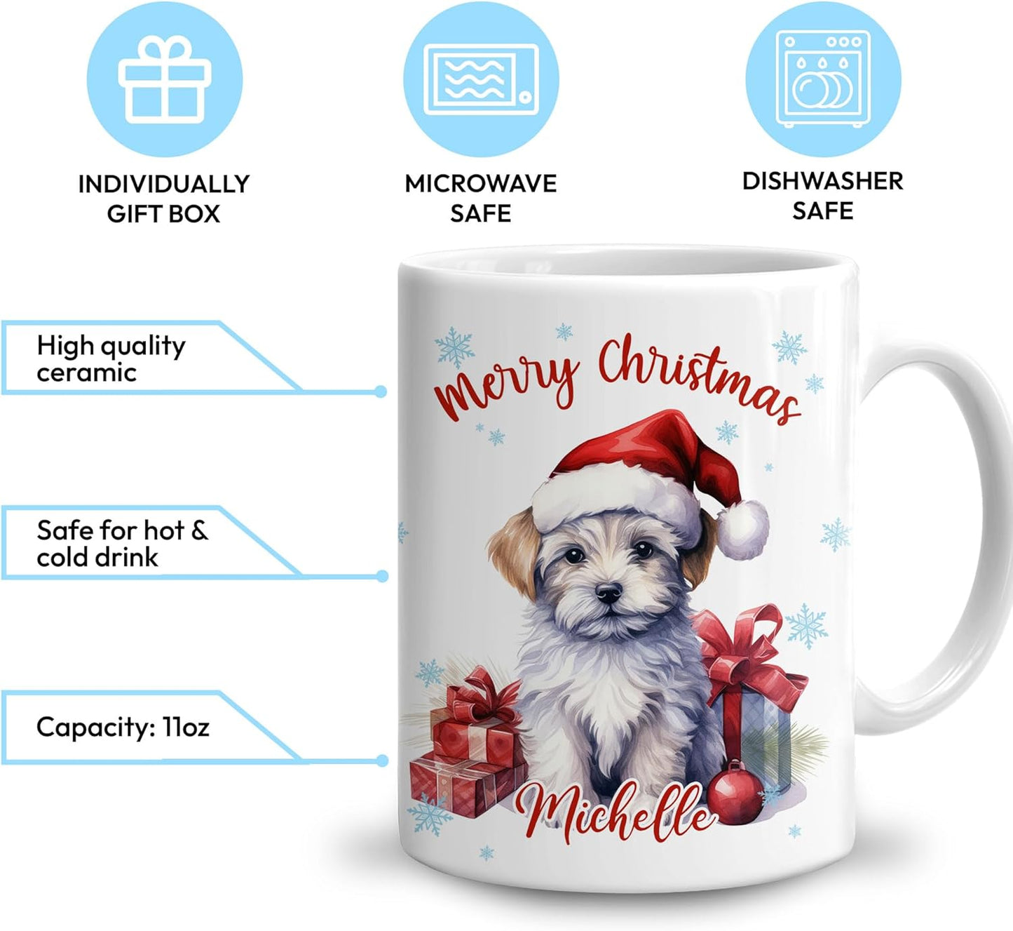 Hyturtle Personalized Gifts Dog Lover - Pumi Merry Christmas Custom Name Ceramic Coffee Mug Cup 11oz - Cute Animal Lovers Gifts For Women, Girl kids Family On Birthday, Christmas
