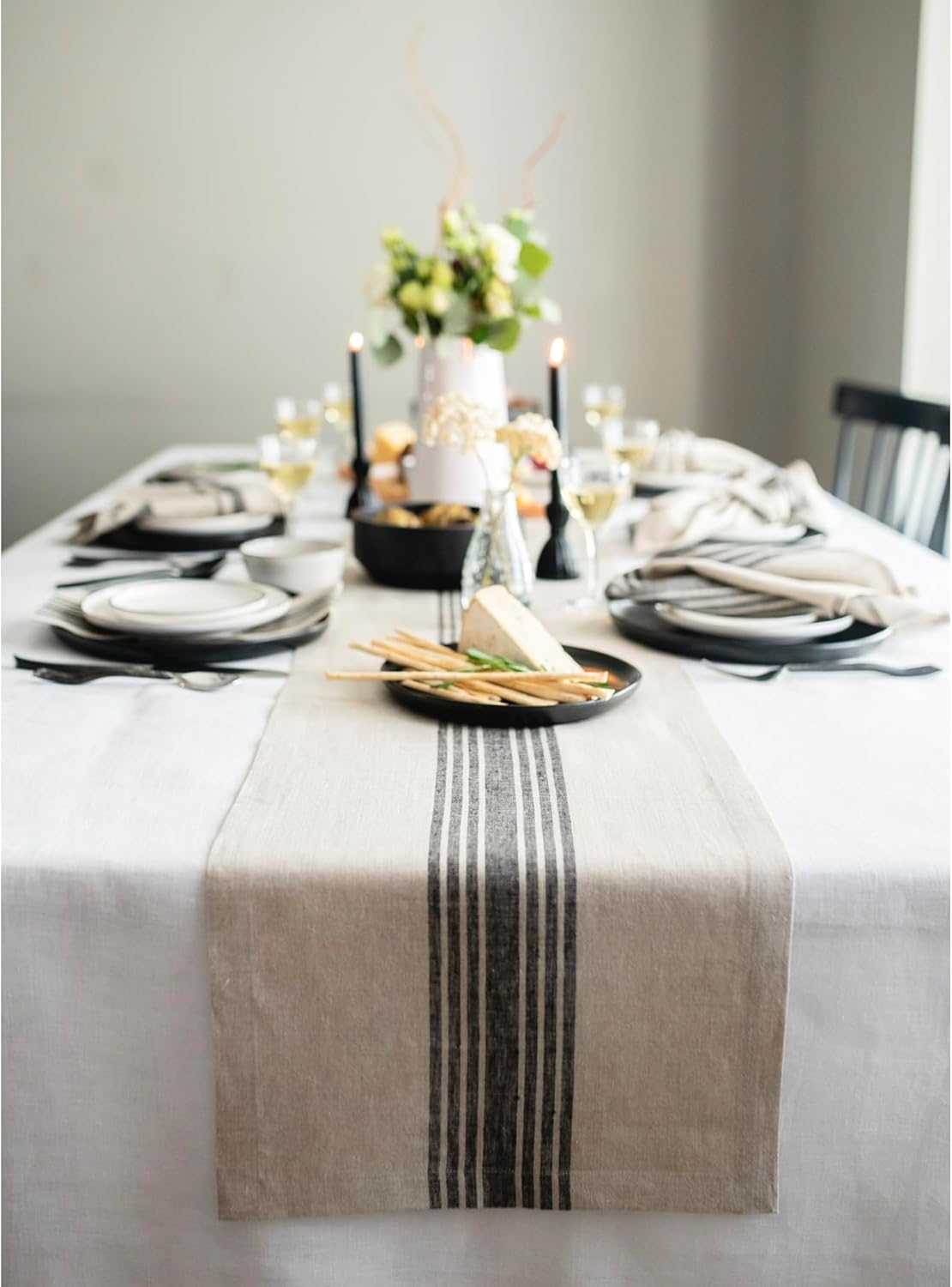 Solino Home Linen Table Runner 120 Inches Long - 100% Pure Linen Black and Natural Farmhouse Table Runner 14 x 120 Inch for Dining, Fall, Autumn, Halloween, Thanksgiving