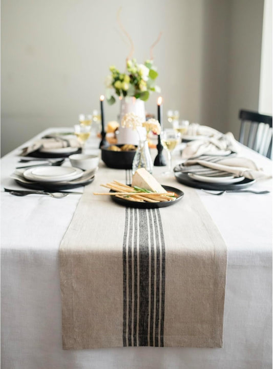 Solino Home Linen Table Runner 120 Inches Long - 100% Pure Linen Black and Natural Farmhouse Table Runner 14 x 120 Inch for Dining, Fall, Autumn, Halloween, Thanksgiving