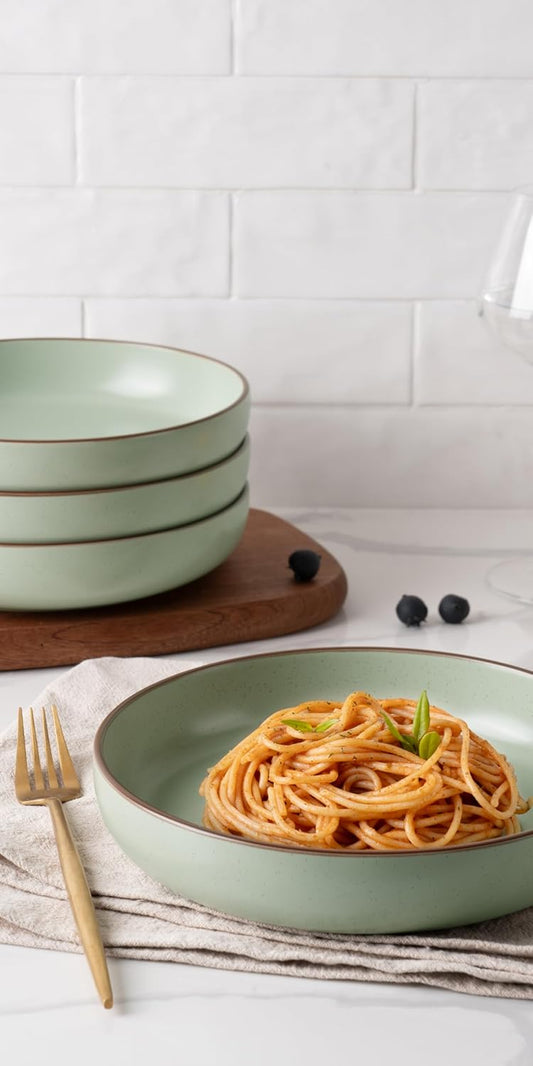 famiware Mercury Pasta Bowls Set of 4, 33 oz Large Salad Bowls, Stoneware Pasta Plates Bowls, Serving Bowls for Kitchen, Microwave & Dishwasher Safe, Light Green
