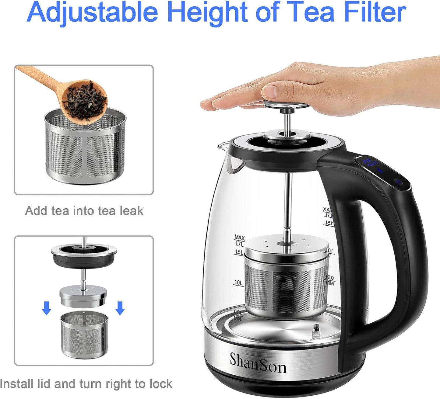 ShanSon Electric Kettle with Tea Infuser 1.7L Temperature Control Glass Electric Tea Kettle 1500W Fast Heating Water Boiler BPA Free Electric Teapot with 7 Presets Auto-Off & Boil-Dry Protection