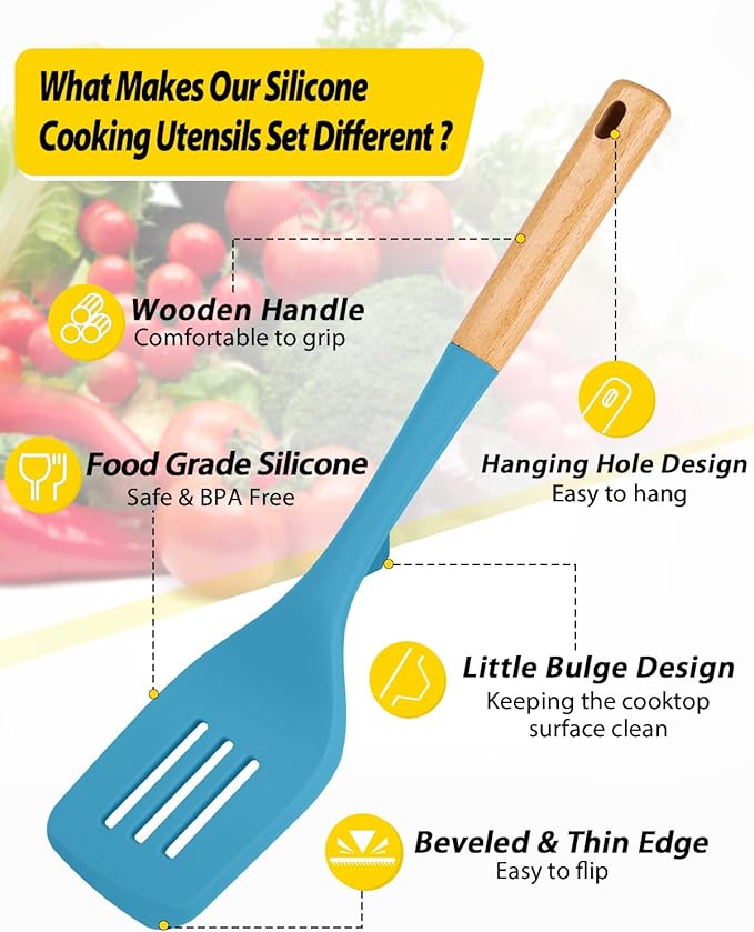 Silicone Kitchen Utensil Set for Non Stick Cookware, 7 Pcs Heat Resistant Cooking Utensils with Wooden Handle, BPA Free Kitchen Tools with Spatulas, Spoons, Skimmer and Pasta Fork (BLUE)