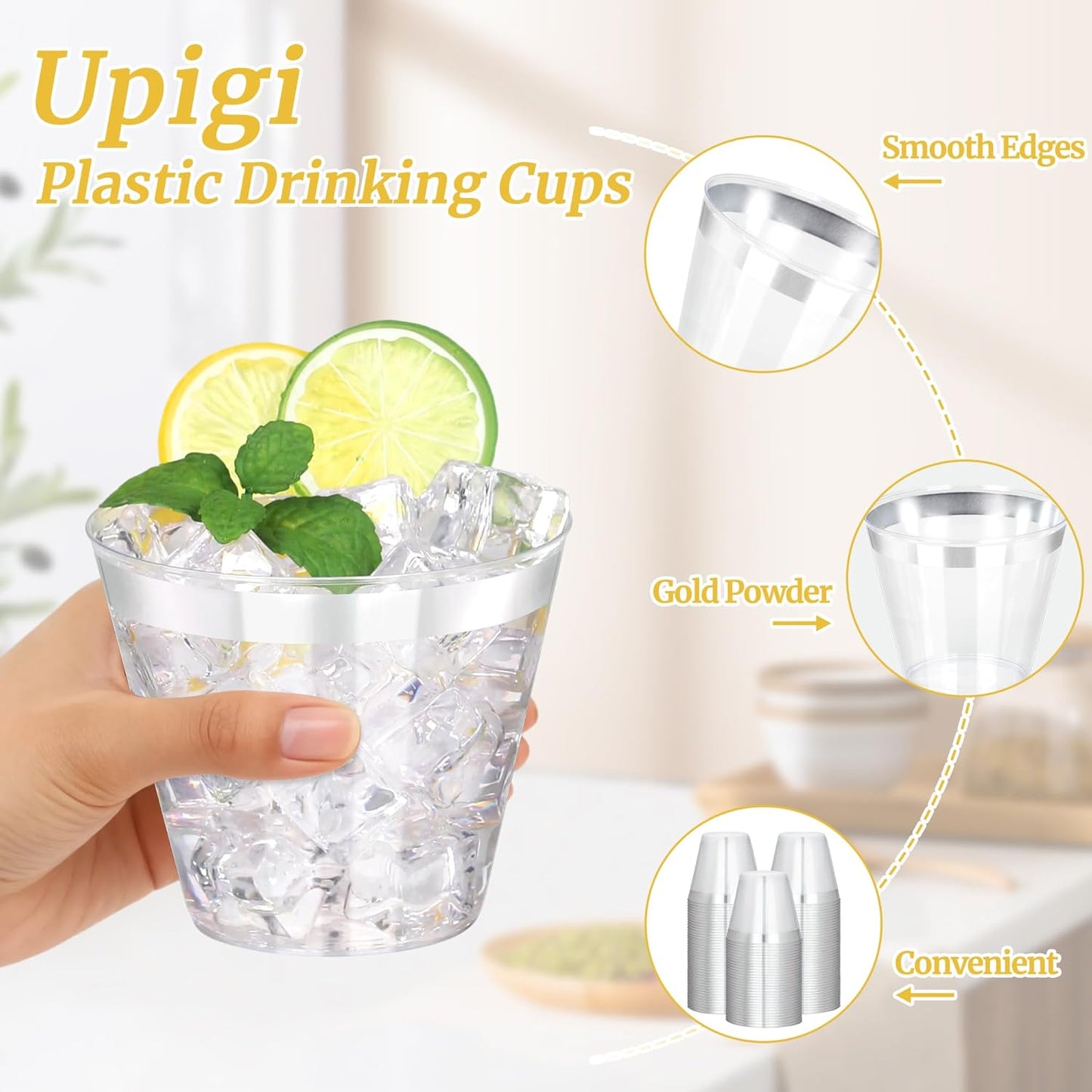 50 Pcs Silver Plastic Cups,9Oz Silver Rimmed Plastic Cups,Heavy Duty Clear Disposable Plasitc Cocktail Tumblers Wine Cup for Party,Wedding,Birthday,Christmas
