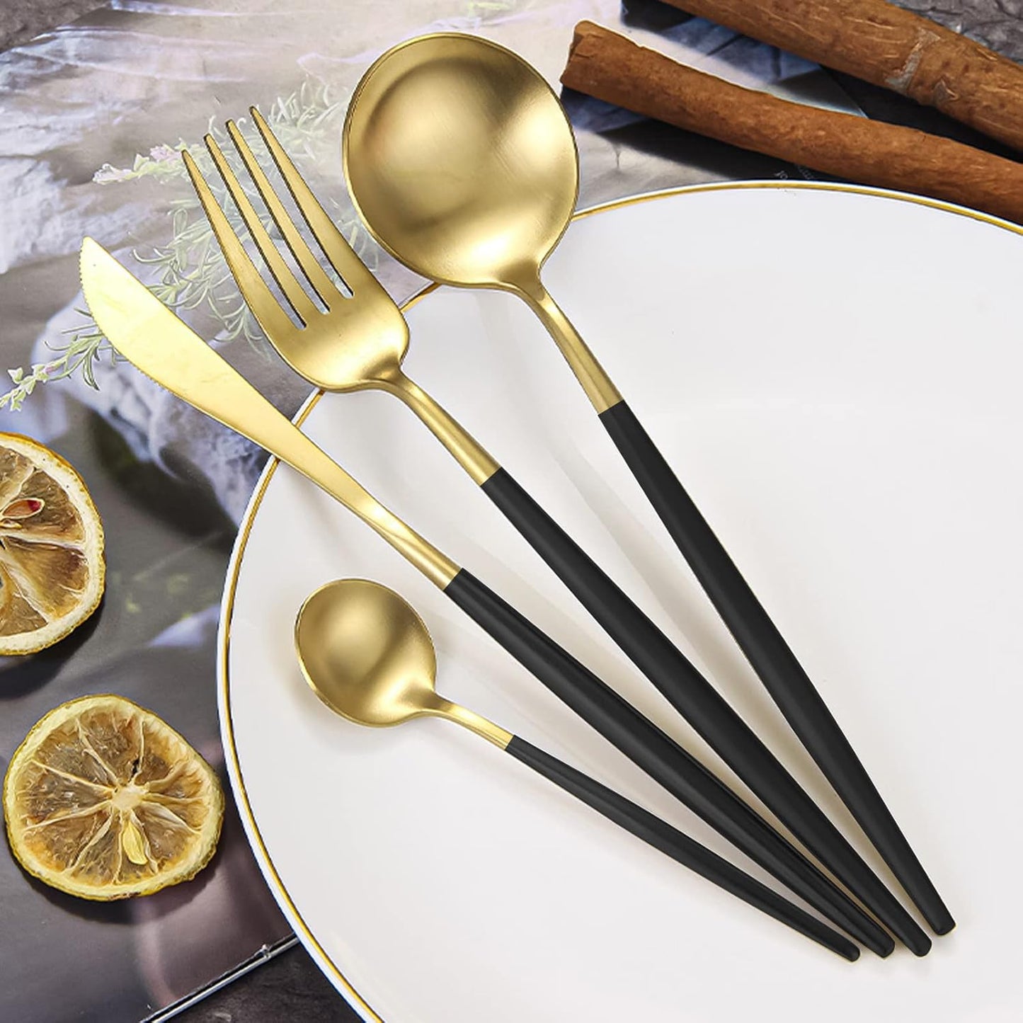 Gold Silverware Set, 24-Piece Stainless Steel Flatware, Flatware Set for 6, Knife Fork Spoon, Home Dinnerware Tableware Set for 6, Cutlery Set, Include Knives/Forks/Spoons