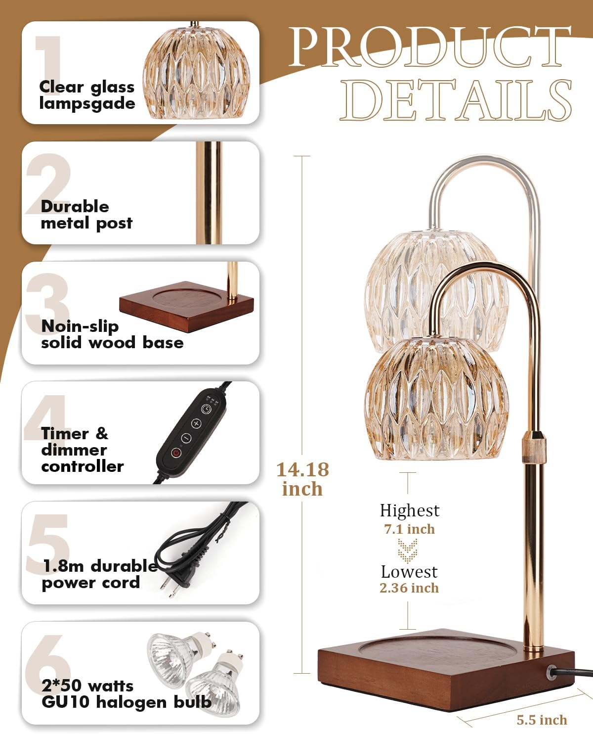 Candle Warmer Lamp, Wax Melter Warmer with Adjustable Height & Timer, Birthday Gifts for Women Mom, Christmas Gifts, House Warming New Home Office Decor for Jar Candles