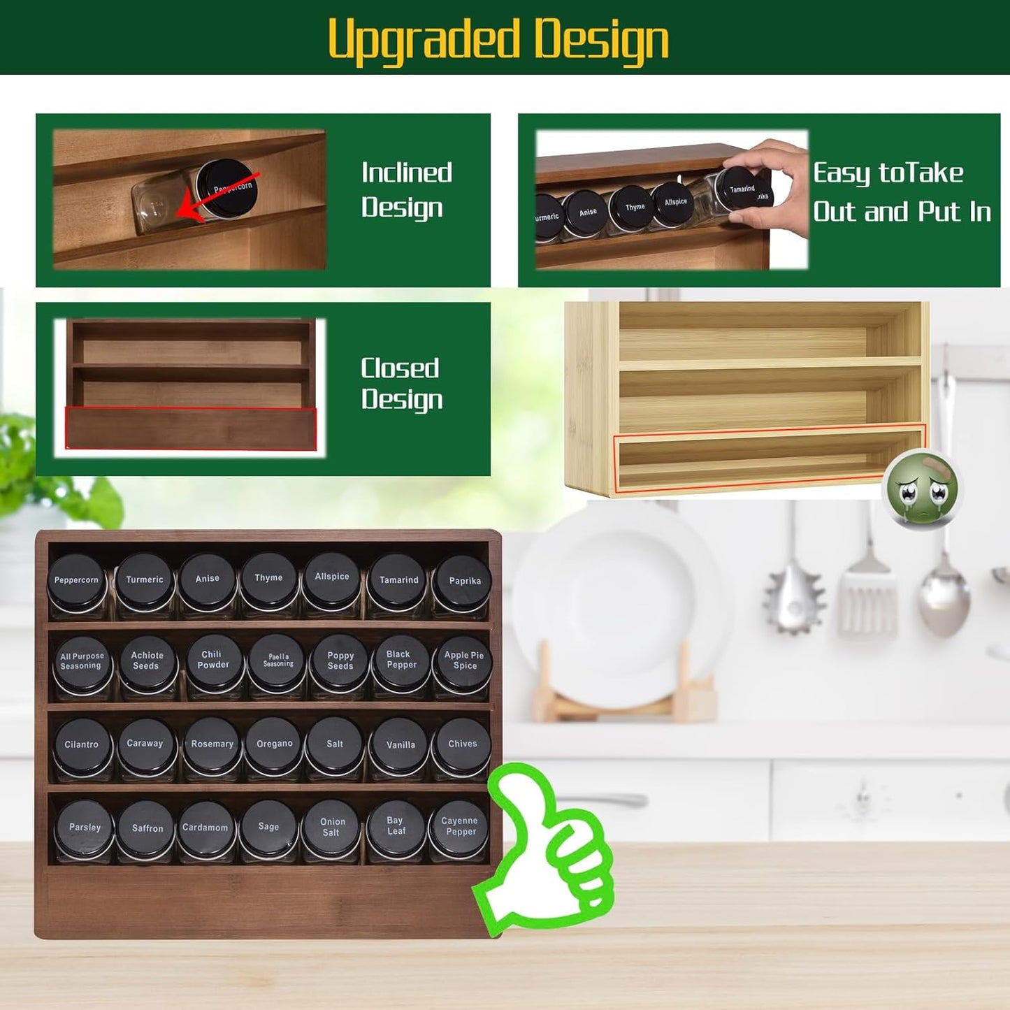 Bamboo Tiered Spice Rack Organizer for Cabinet,Wooden Seasoning Rack for Countertop, Cupboard, Pantry, Kitchen (Spice Jars Included)