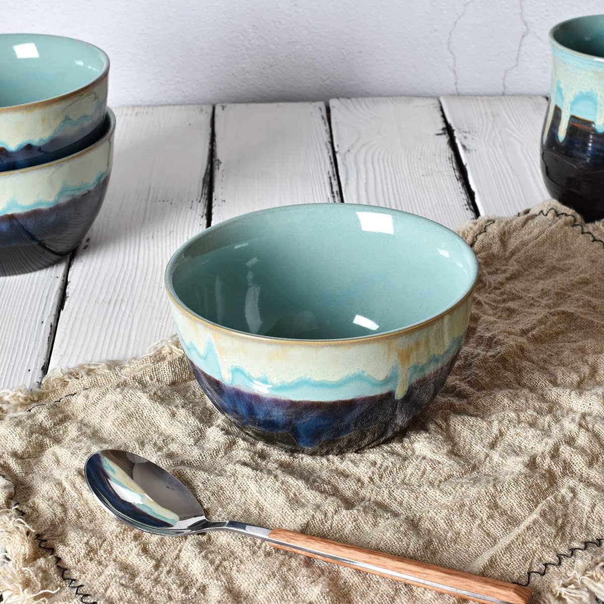 Bosmarlin Stoneware Cereal Bowls Set of 4, 26 Oz, Soup Bowls for Oatmeal, Salad, Dishwasher and Microwave Safe, Reactive Glaze (26 Oz, Pastel Blue)