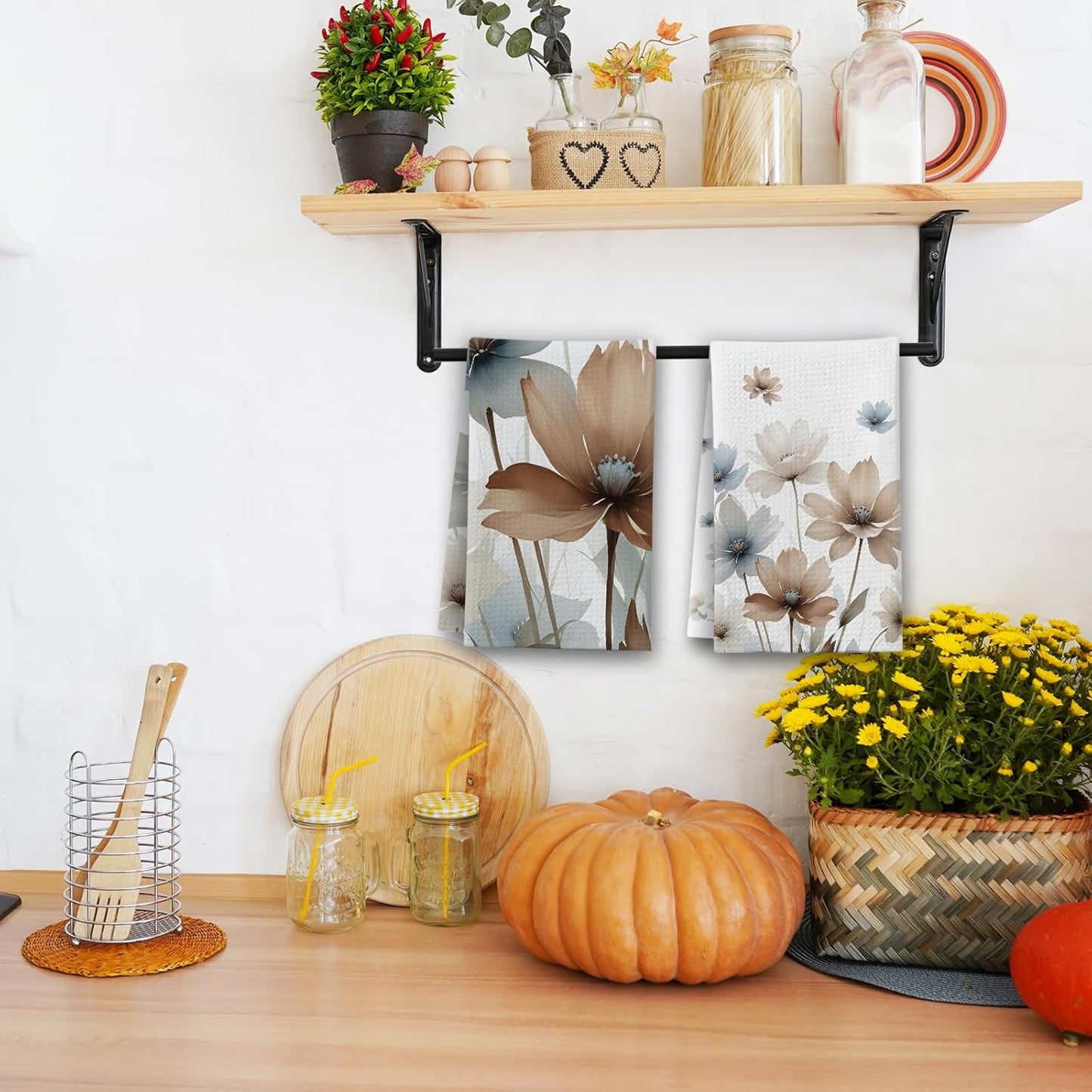 Watercolor Flowers Kitchen Towels, Poppy Floral Leaves House Hand Towel Set of 2, Farmhouse Gifts for Home Bathroom Holiday Decor - A06