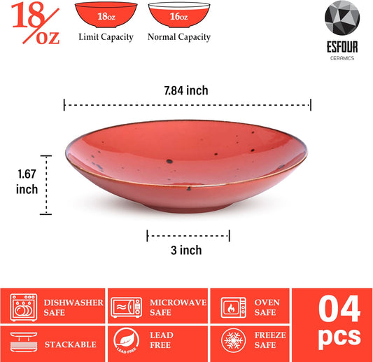 Esfour Ceramic 7.84 Inch Serving Bowls - Set of 6 | 20 Oz Large Pasta Salad Bowls, Microwave/Oven Safe, Wide Shallow Porcelain Bowls for Party, Dinner, Entertaining, Stackable - Vivid Assorted Colors