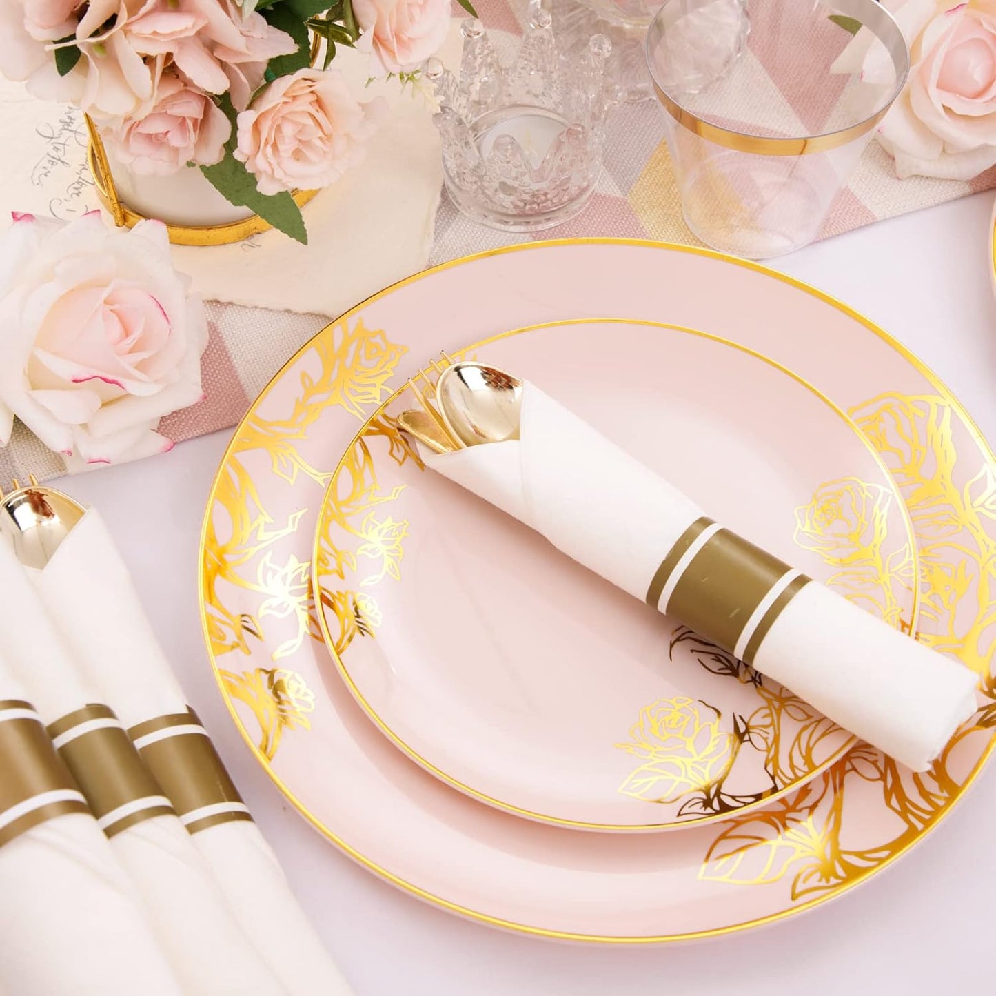 DaYammi 210Pcs Pink Gold Plastic Plates Floral Plates,Thanksgiving Disposable Dinnerware Set Includes 60 gold Pink plates,30 gold Plastic Silverware,30 Per Rolled Napkins,30 plastic Cups for Party