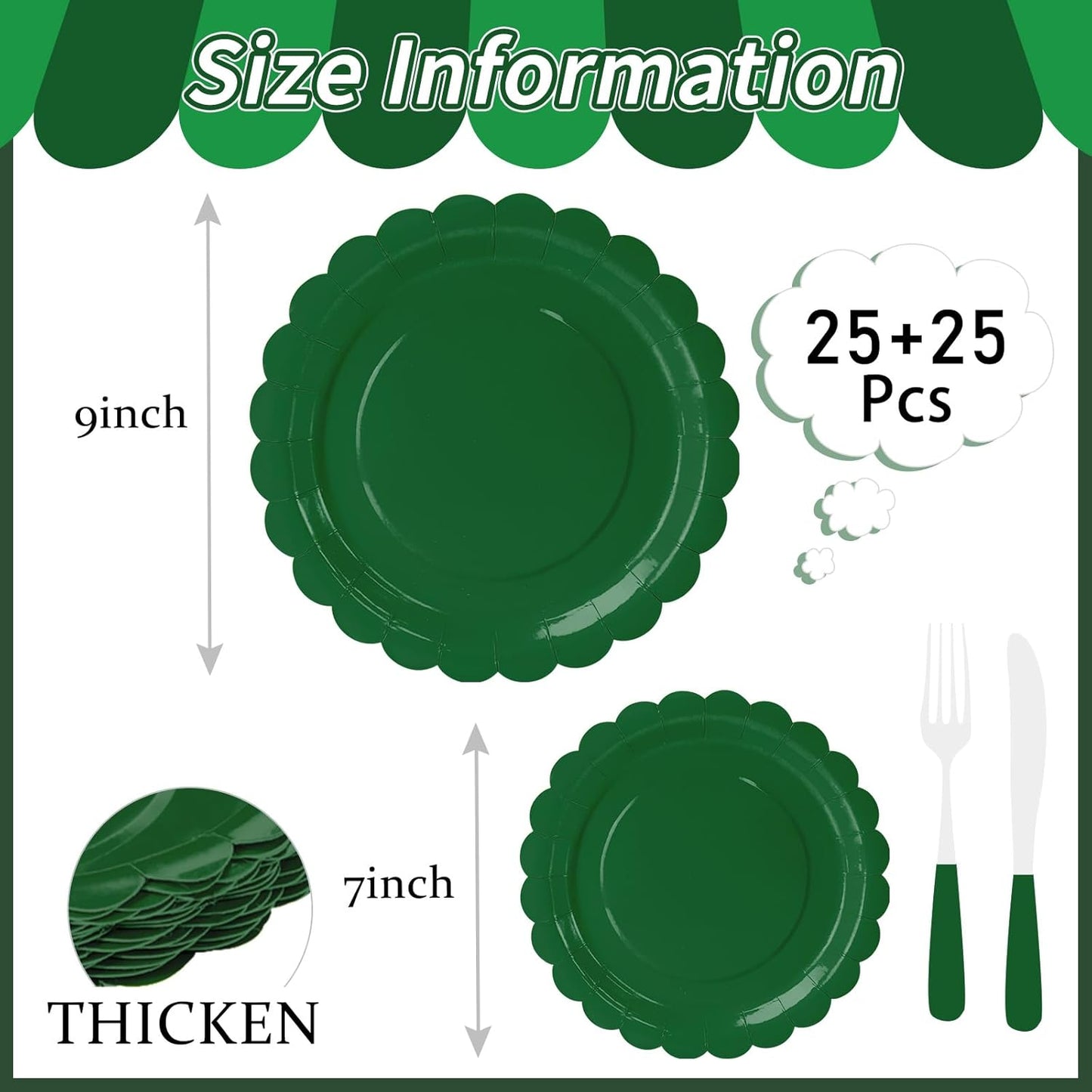 50 Pcs Green Scalloped Paper Plates 25 × 7'' and 25 × 9'' Disposable Green Scalloped Dinner Plates for Wedding Baby Shower Birthday Party Disposable Dessert Plate
