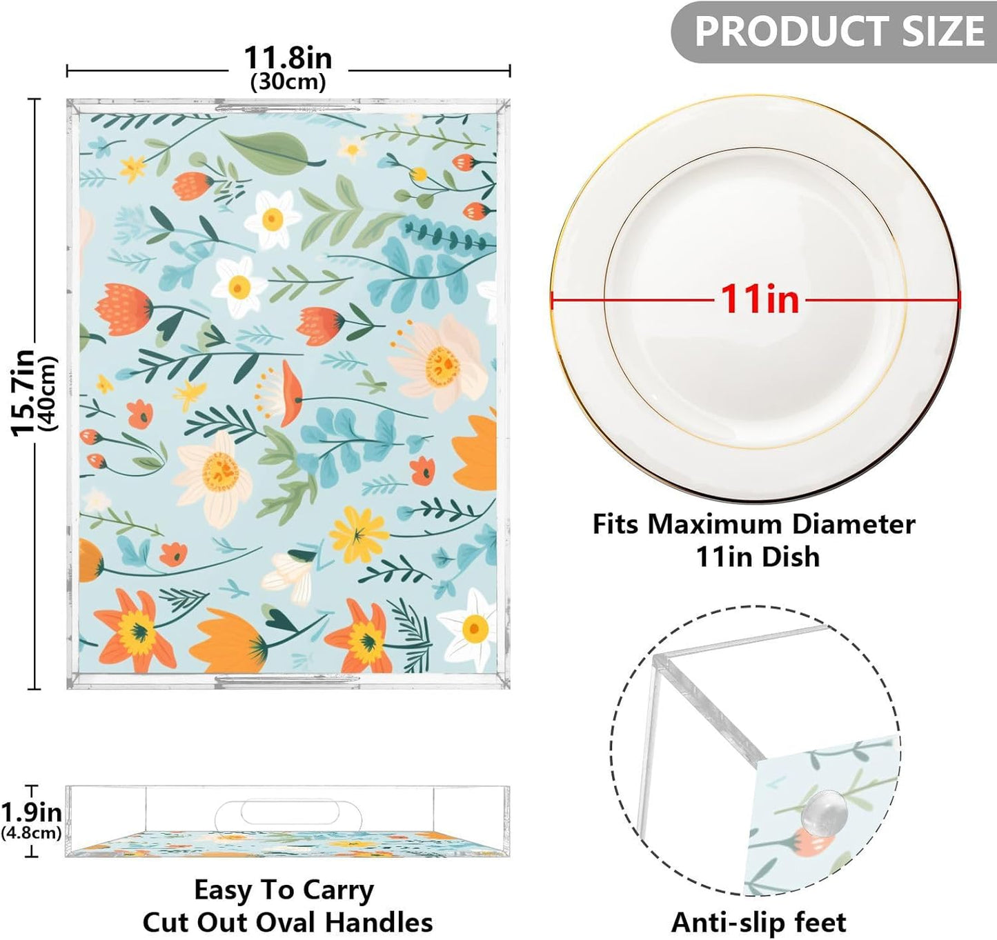 Acrylic Serving Tray with Handles Spill Proof Kitchen Storage Tray Clear Decorative Tray Makeup Drawer Organizer Storage Tray for Bathroom Living Room Ottoman 15.7x11.8Inches