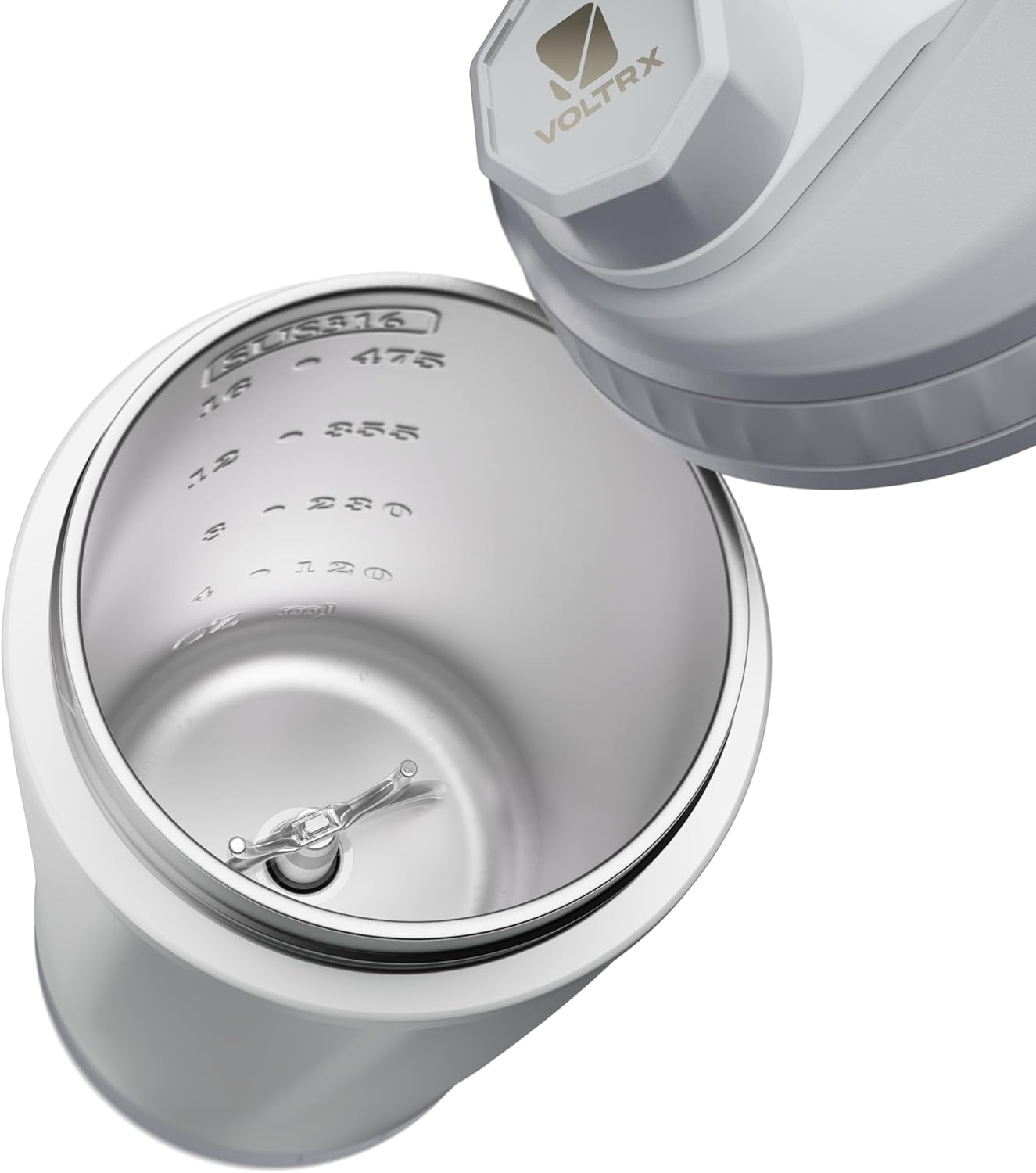 VOLTRX ChillMix Shaker Bottle Insulated Stainless Steel - USB C Rechargeable Electric Protein Shake Mixer, Shaker Cups for Protein Shakes and Meal Replacement, Ice White, 16 oz