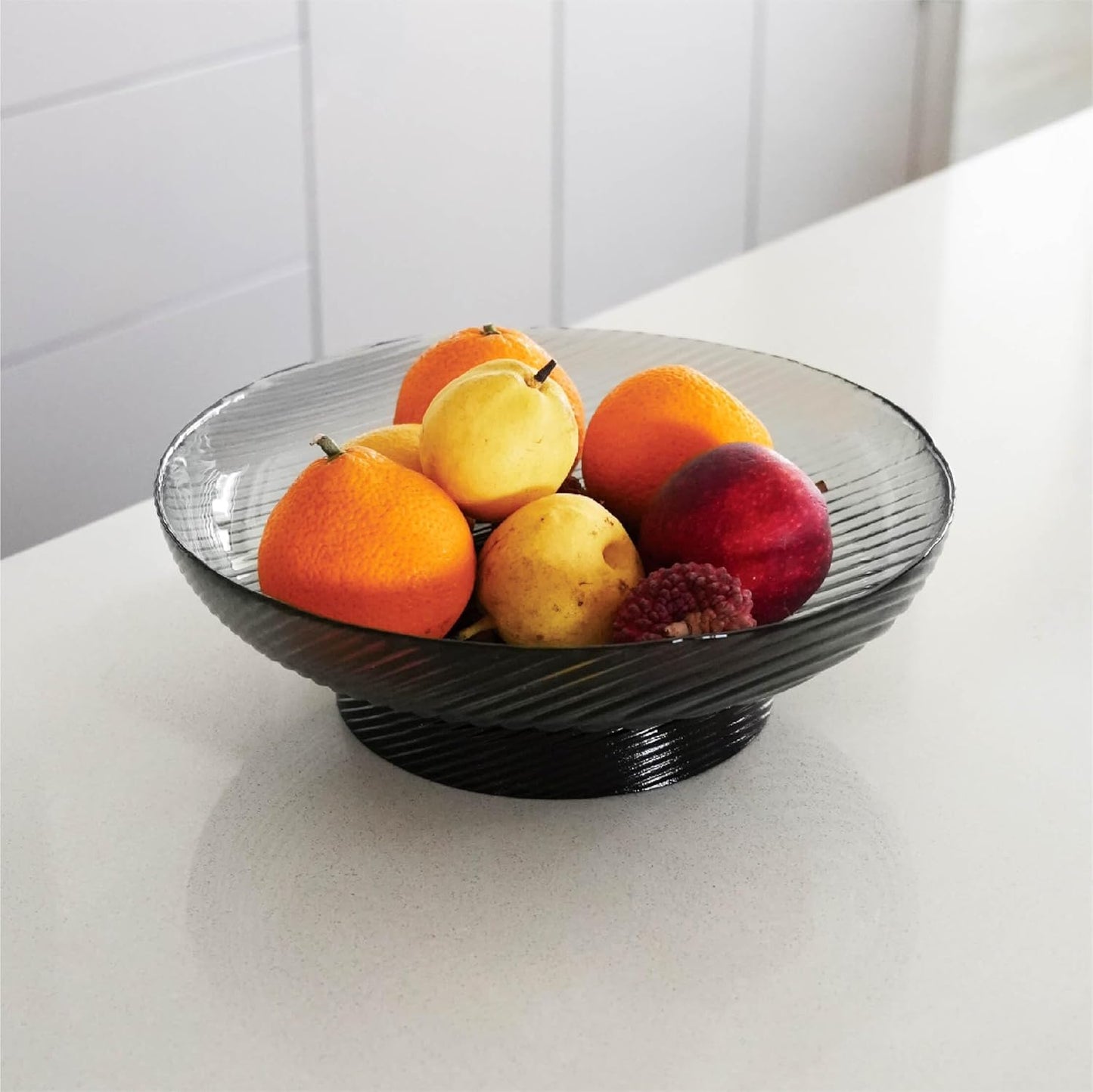 12-Inch Ribbed Glass Serving Bowl with Pedestal, Large Decorative Fruit Bowl, 2.5-Quart Capacity (Smoke Grey)