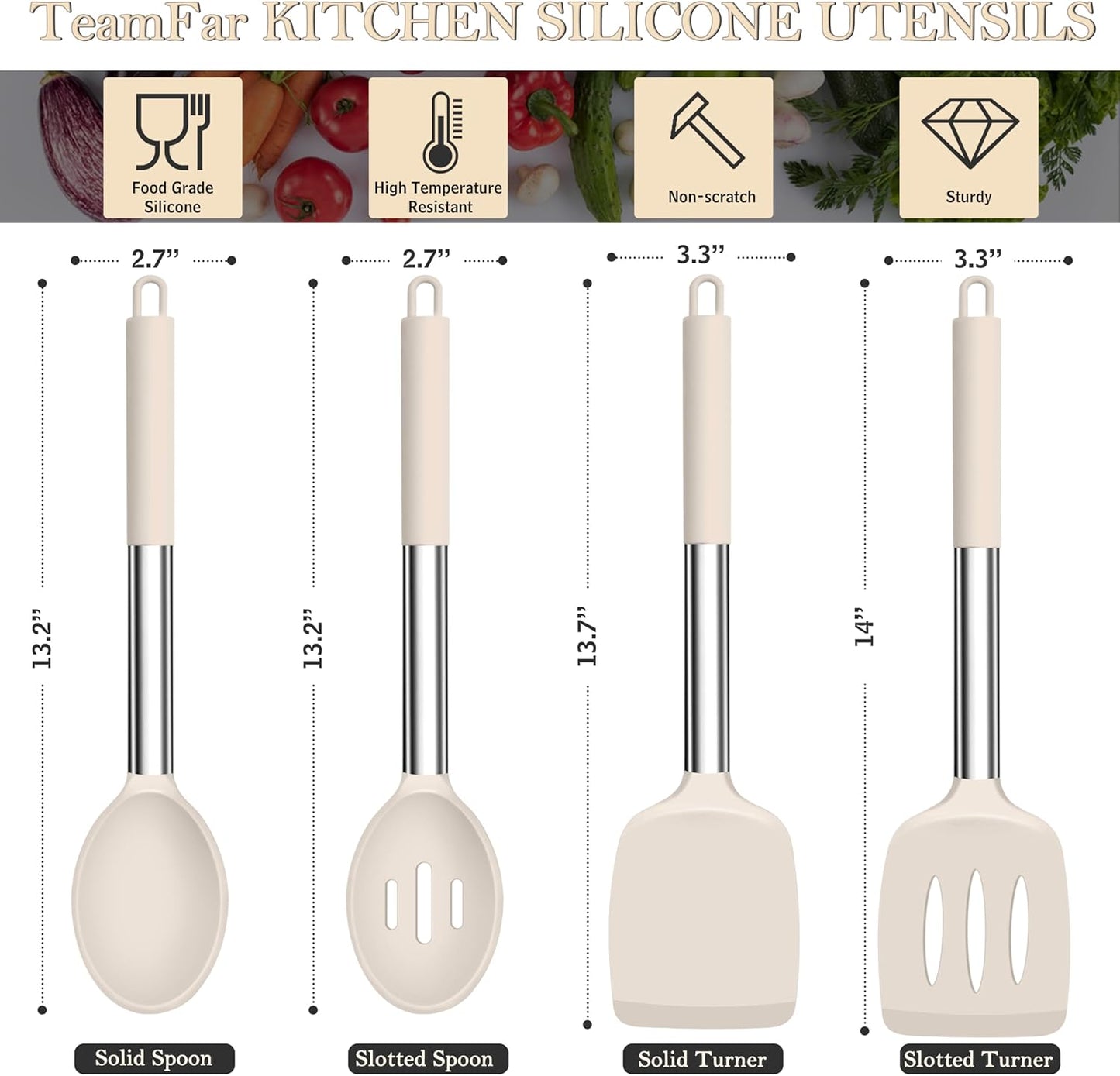 TeamFar Kitchen Utensils, 4 PCS Silicone Cooking Utensils Spatula Spoon Set with Stainless Steel Handle, for Frying Mixing Draining Turning, Healthy & Heat-proof, Non-stick & Dishwasher Safe - Khaki