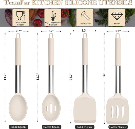 TeamFar Kitchen Utensils, 4 PCS Silicone Cooking Utensils Spatula Spoon Set with Stainless Steel Handle, for Frying Mixing Draining Turning, Healthy & Heat-proof, Non-stick & Dishwasher Safe - Khaki