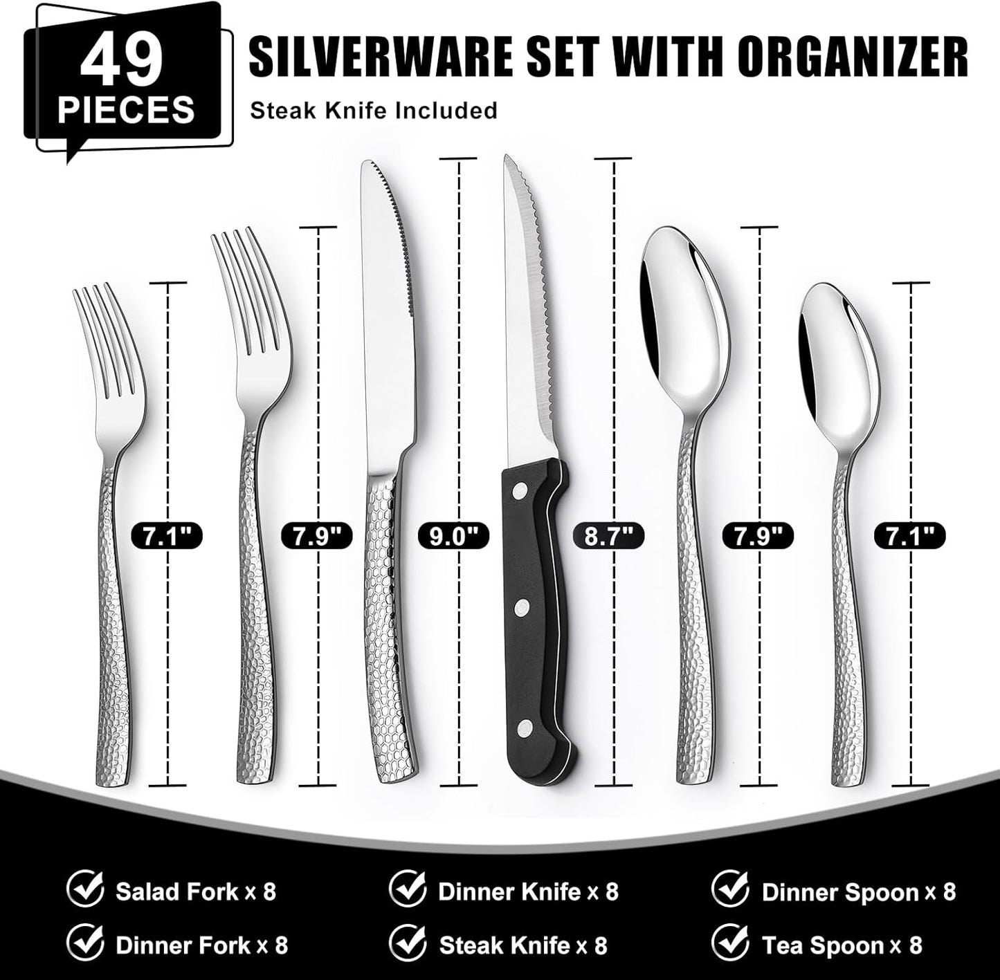 49-Piece Hammered Silverware Set with Organizer, Heavy Duty Stainless Steel Wave Flatware for 8, Cutlery Utensil Sets with Steak Knives, Rust-proof, Mirror Polished, Dishwasher Safe